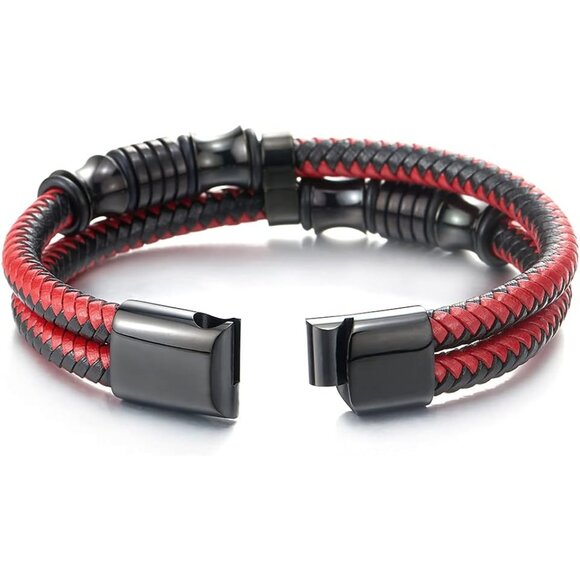 Edgy Black and Red Double-Row Leather Bracelet for Men - Perfect Gift Option - Picture 3 of 6